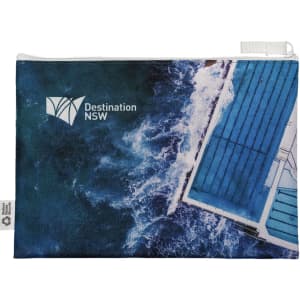A blue and white conference bag featuring an aerial image of water and buildings, with a logo printed on it.