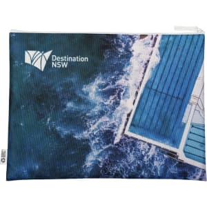A vibrant blue conference bag featuring a water pattern and a logo. Suitable for miscellaneous storage.