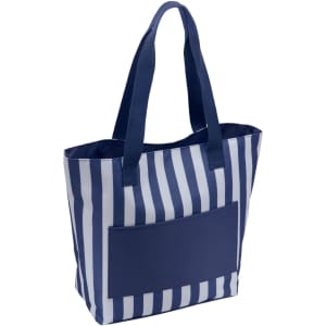 A navy and white striped tote bag with a front pocket and two sturdy handles. Features a logo.