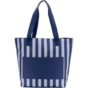 A navy and white striped tote bag with two sturdy handles and a front pocket, featuring a logo.