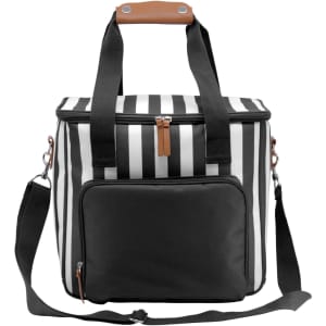 A striped cooler bag in black and white with a detachable strap and a front pocket. It has a brown handle and a logo.