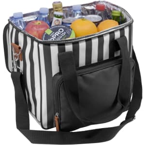 A black and white striped cooler bag filled with drinks and fruits, featuring a side pocket and a logo.