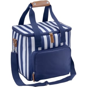 A navy and white striped cooler bag with two handles, a shoulder strap, and a front zip pocket.