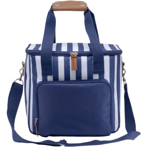 A striped navy cooler bag with a tan handle and adjustable strap, featuring a front pocket and a zip closure.