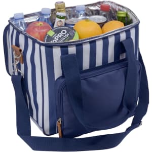 A navy cooler bag with white stripes, containing drinks, fruit, and has a small front pocket.