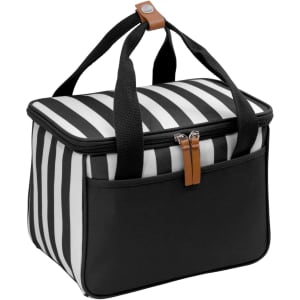 A striped black and white cooler bag with double handles and a zip closure, featuring a front pocket and a logo.