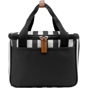 A black and white striped cooler bag with a front pocket and sturdy handles. It features a zip closure and a logo.