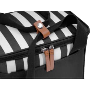 A black picnic cooler bag featuring a striped pattern, zippered closure, and leather accents. Includes branding.