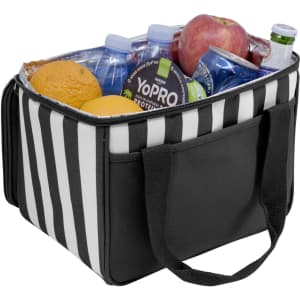 A black and white striped cooler bag filled with water bottles, an apple, oranges, and cans. It features sturdy handles.