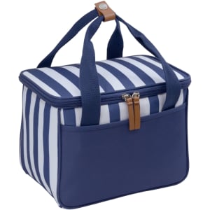 A striped navy picnic cooler bag with a zip closure and two carrying handles. It features a front pocket and a branded logo.