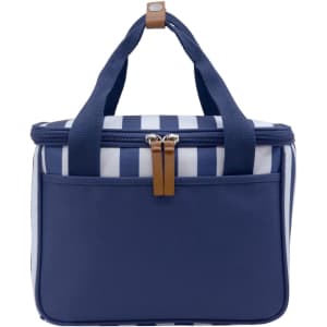 A navy cooler bag with a striped design, featuring two handles and a zippered closure. It has a front pocket and a logo.