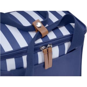 A navy cooler bag featuring white stripes, zip closure, and leather accents on the handle.