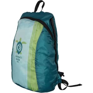 A fold-up backpack in turquoise and green with a logo on the front and adjustable straps.