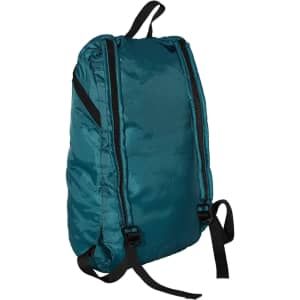 A teal fold-up backpack with black straps, featuring a logo on the front.