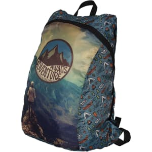 A fold-up backpack featuring a scenic mountain graphic in blue and green with a patterned side, and a logo on the front.