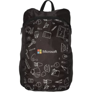 A black fold-up backpack featuring white sketches and a logo, ideal for promotional use.