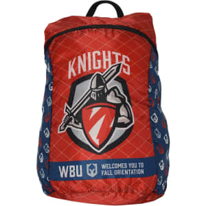 A red and navy fold-up backpack featuring a logo and shield design. It has a top handle and adjustable straps.