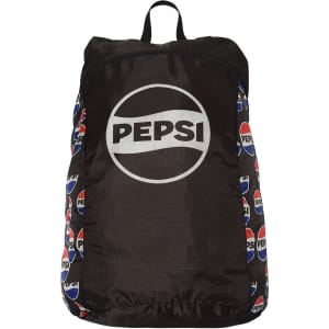 A fold-up backpack in black with a colourful Pepsi logo pattern and a top handle for easy carrying.
