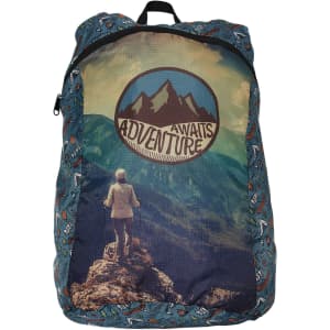 A fold-up backpack featuring a scenic mountain design in blue, with a logo and vibrant patterns.