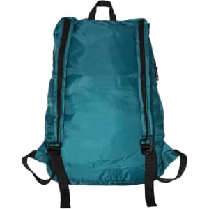 A teal fold-up backpack with black straps, featuring a zippered pocket and a logo. Ideal for easy storage.