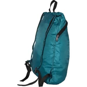 A teal fold-up backpack with black straps and a zippered pocket on the side, featuring a logo.