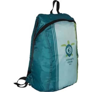 A teal fold-up backpack with mesh side pockets and a logo on the front. Features contrasting green and white details.