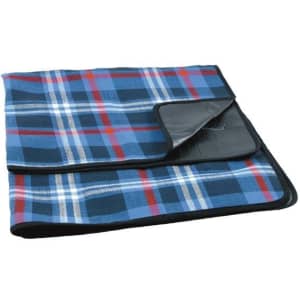 A blue and red checkered picnic rug with a black backing, featuring a fold-over edge and a logo.