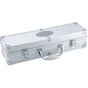 An aluminium BBQ set case with a silver finish and a sturdy handle, featuring a logo on the surface.