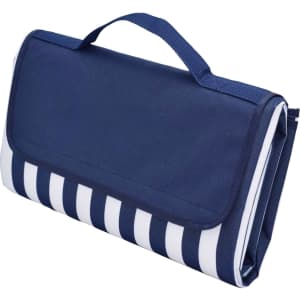 A navy picnic rug with white stripes, featuring a convenient carrying handle and a folded design.