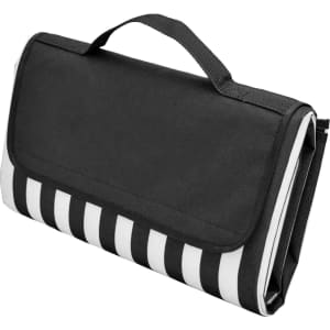 A black and white striped picnic rug with a handle, designed for outdoor leisure activities.