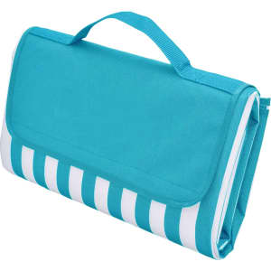 A picnic rug in aqua blue with a striped pattern, featuring a foldable design and a carrying handle.