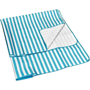 Aqua blue extra large picnic rug featuring a striped design and a soft underside. Includes a logo.