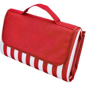 A red and white striped picnic rug, folded, featuring a handle for easy carrying and a logo.