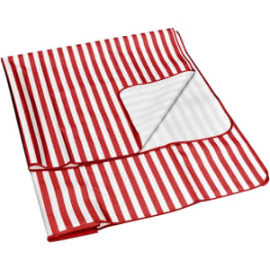 A red and white striped picnic rug, extra large, featuring a bordered edge and a logo.