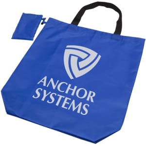 A blue reusable grocery bag with black handles and a small pouch, featuring a logo.