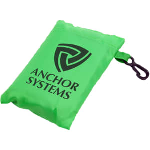 A green reusable grocery bag folded into a compact size with a clip for attachment, featuring a logo.
