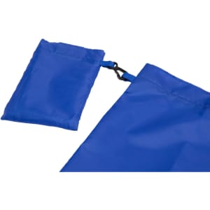 A reusable grocery bag in bright blue, featuring a compact foldable pouch attached with a clip and a logo.