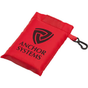 A red pouch with a logo, featuring a clip for easy attachment, ideal for storing reusable grocery bags.