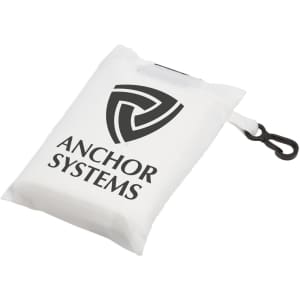 A white reusable grocery bag with a black logo and branding, featuring a clip for easy attachment.