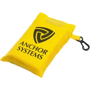 A yellow reusable grocery bag, folded and secured with a clip, featuring a logo.