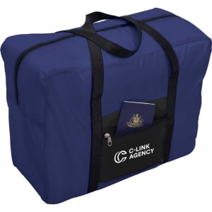 A navy blue wheeled bag with a front pocket, featuring a logo and a passport peeking out.