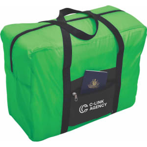 A green wheeled travel bag with black straps and a front pocket, featuring a passport inside. It has a logo.