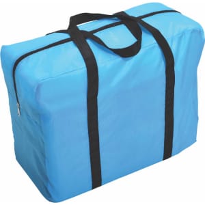 A blue wheeled travel bag with black straps and a zip closure, featuring a logo on the side.