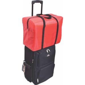 A black wheeled bag with a red top section and black straps, featuring a handle and a branding logo.