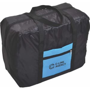 A black wheeled bag with a blue zip pocket and handles, featuring a logo on the front.