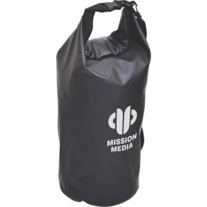 A black 5-litre dry bag with a shoulder strap and a logo on the front.
