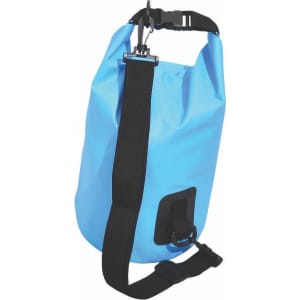 A blue dry bag with a black adjustable strap and a clip, featuring a logo. Ideal for keeping items dry.