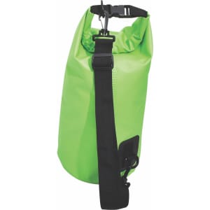 A bright green 5-litre dry bag with a black strap and a clip fastening, featuring a logo.