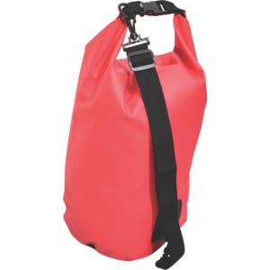 A red 5-litre dry bag with a black adjustable strap and a clip closure, featuring a logo.