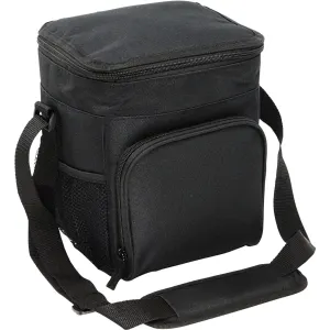 A black waterproof cooler bag with a zippered top, side pocket, and an adjustable strap. It features a logo.